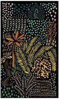 Vibrant illustration of various stylized plants and leaves in bold colors on a black background, showcasing a lively botanical pattern. vector