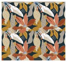 Decorative abstract repeat colorful flower pattern with stylized leaves and textured details on a dark background vector