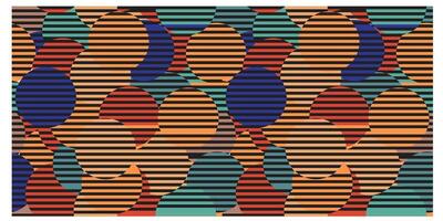 An abstract design featuring overlapping circles in various colors, set against a background of horizontal stripes. vector
