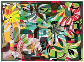 Abstract, colorful camouflage digital art with overlapping geometric and organic tropical shapes vector