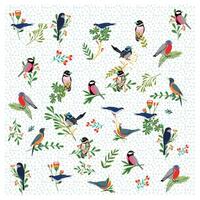 A square print pattern featuring various stylized birds perched among colorful flowers and leaves on a light dotted background. vector