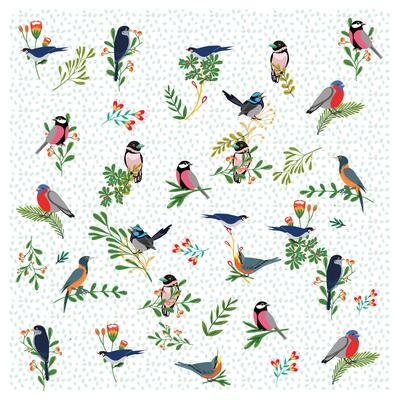 A square print pattern featuring various stylized birds perched among colorful flowers and leaves on a light dotted background.