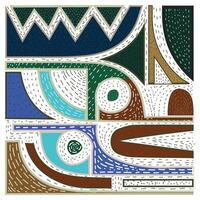 Abstract geometric artwork with various shapes and patterns, primarily in brown, blue, and green. vector