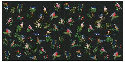A vibrant pattern featuring various colorful birds perched on branches amidst lush foliage and flowers on a dark background. vector
