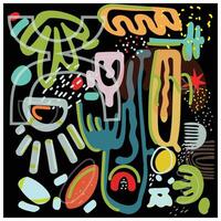 repeat doodle art print pattern with different shapes on dark black background color vector
