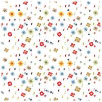 Colorful luxury red and gold floral pattern featuring various flowers and leaves on a white background, creating a cheerful, whimsical aesthetic. vector