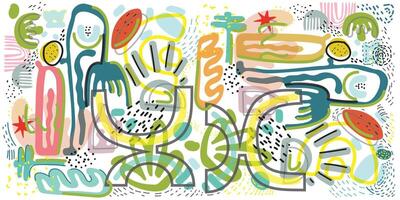 Colorful abstract shapes and figures intertwine, creating a lively, playful composition with swirls and patterns on a white background. vector