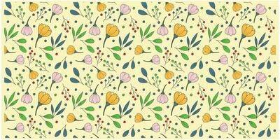 A pattern featuring colorful flowers, leaves, and berries on a soft yellow background, creating a cheerful floral design. vector