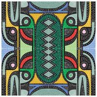 Symmetrical abstract pattern with vibrant colors, including green, yellow, blue, and red, featuring swirling lines and geometric shapes. vector