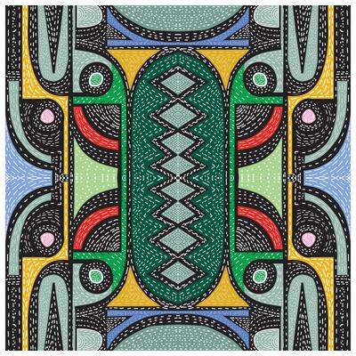 Symmetrical abstract pattern with vibrant colors, including green, yellow, blue, and red, featuring swirling lines and geometric shapes.