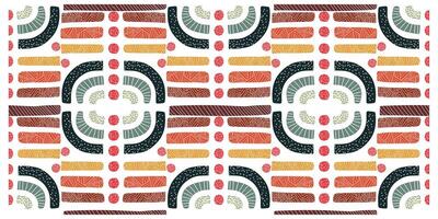 A vibrant repeating pattern featuring abstract shapes in green, red, orange, and brown with intricate line designs on a white background. vector
