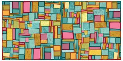 A vibrant patchwork of colorful shapes, featuring shades of teal, pink, orange, and yellow with various patterns and textures. vector