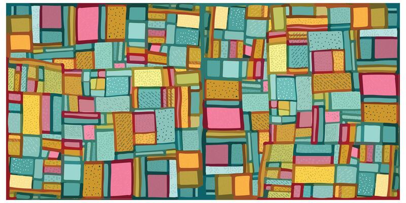 A vibrant patchwork of colorful shapes, featuring shades of teal, pink, orange, and yellow with various patterns and textures.