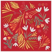 Hand drawn repeat flower and leaf print pattern on red color background vector