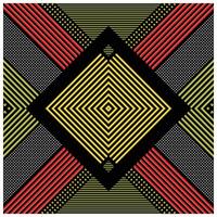 Geometric pattern featuring a central diamond of yellow lines surrounded by red and green stripes, set against a black background. vector