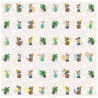 Pattern of various potted plants and pineapple on a white background, An artistic design displaying an array of plants and flowers in pots, highlighting their beauty and diversity in a repeat pattern vector