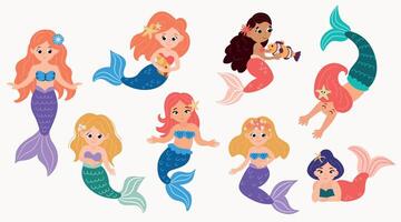 Set of cute hand drawn mermaids. White background, isolate vector