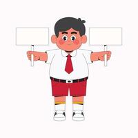 Cute boy student holding blank sign cartoon character illustration vector