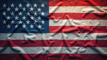 Textured american flag on sand surface displaying stars and stripes. photo