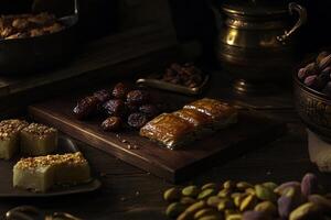 Assorted middle eastern sweets with pistachios, dates, baklava, and halva on wooden table photo