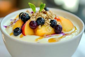 Fresh yogurt bowl with peaches, blueberries, granola, and honey photo