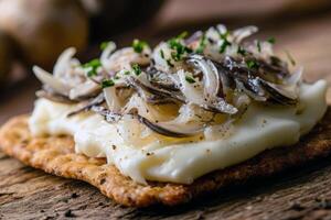 Delicious smoked fish on crispbread with cream cheese and fresh herbs photo