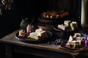 Rustic apple pastry display with powdered sugar on wooden table photo