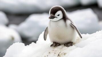 Adorable penguin chick on snowy iceberg in antarctic landscape photo