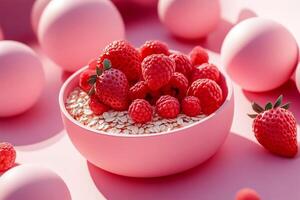 Pink bowl of oatmeal with fresh strawberries and raspberries on pink background photo