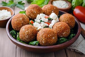 Delicious falafel and feta salad with fresh vegetables on a wooden plate photo