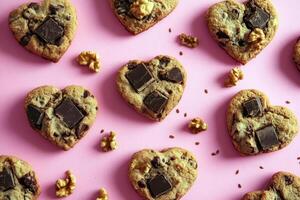 Heart-shaped chocolate chunk cookies with walnuts on pink background photo