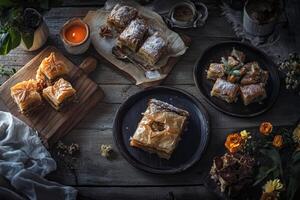 Assorted pastries on wooden table with candlelit atmosphere photo