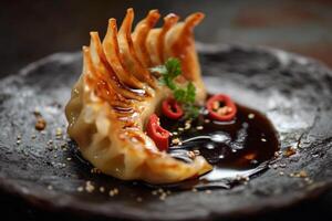 Deliciously grilled dumpling on black plate with soy sauce and garnish photo