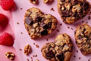 Heart-shaped chocolate chunk cookies with nuts and raspberries on pink surface photo
