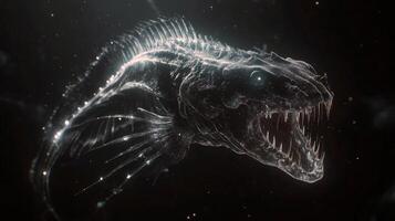 Bioluminescent deep sea predator with sharp teeth and translucent body photo