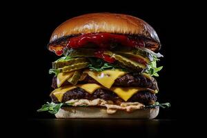 Delicious double cheeseburger with lettuce, pickles, and ketchup on a toasted bun photo