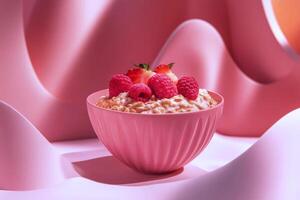 Pink bowl of oatmeal with fresh raspberries and strawberries on wavy pink background photo