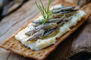 Gourmet sardine and cheese cracker with herb garnish on wooden platter photo