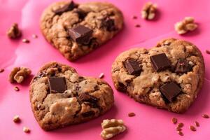 Heart-shaped chocolate chunk cookies on pink background with walnuts and seeds photo