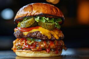 Juicy cheeseburger with pickles, lettuce, and ketchup on a toasted bun close-up photo