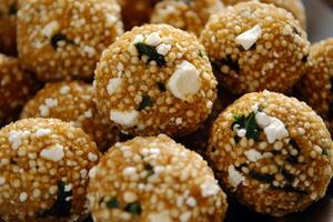Close-up of delicious indian sabudana vada with spices and herbs photo