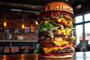 Towering cheeseburger with bacon, pickles, and vegetables in rustic restaurant setting photo