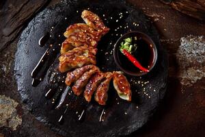 Delicious pan-fried dumplings with soy sauce on black stone plate photo