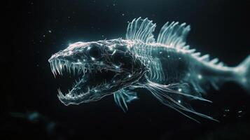 Bioluminescent deep-sea fish skeleton in underwater darkness photo