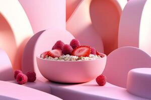 Pink bowl of granola with fresh raspberries and strawberries on abstract background photo