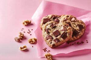 Heart-shaped chocolate chip cookies with walnuts on pink paper background photo
