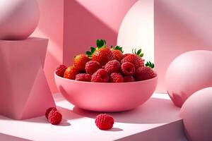 Pink bowl of strawberries and raspberries on geometric pink background photo