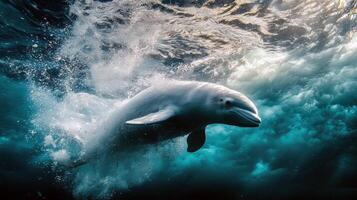 Beluga whale diving underwater amidst dynamic ocean waves photo