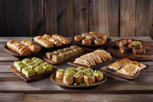 Assorted middle eastern pastries on wooden platters with pistachios photo
