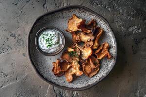Gourmet chanterelle mushroom chips with creamy herb dip on rustic plate photo